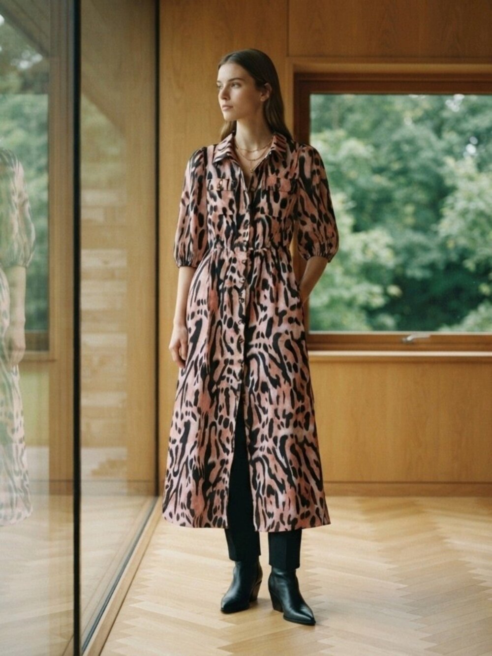 Chicme Dusty Peach And Black Animal Print Maxie Dress. Silky Lightweight. Size S